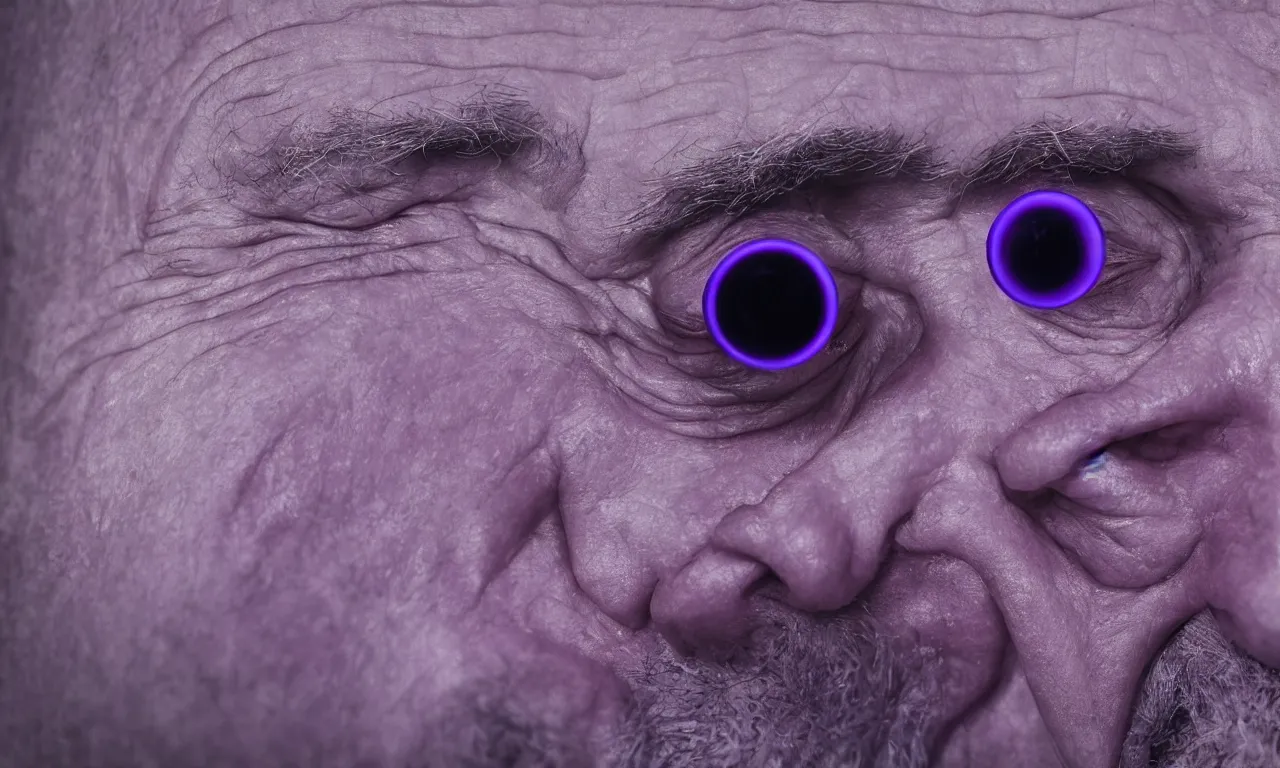 Image similar to a photo of an old man drowning in purple light looking sad with a zoomed in fish eye lens, photorealistic, 4 k, 8 k, ultra hd.