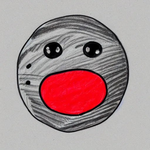 Prompt: primitive drawing of smiling circle face with red eyes thumb up. Сhild drawing picture