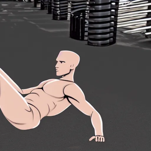 Prompt: a realistic detailed photo of a guy who is an attractive humanoid who is half robot and half humanoid, who is a male android, attractive and handsome jogger, shiny skin, posing like a statue, blank stare, laying down, on display, showing off his muscles, wearing gym shorts, side view, looking at each other mindlessly