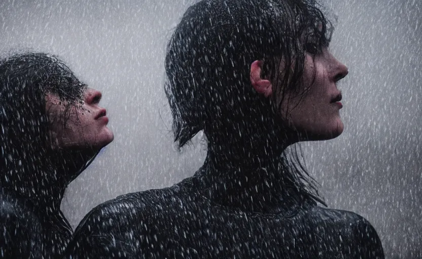 Image similar to cinestill 5 0 d candid photographic portrait by christopher nolan of two loving female androids wearing rugged black mesh techwear in treacherous waters, extreme closeup, modern cyberpunk moody emotional cinematic, pouring rain, 8 k, hd, high resolution, 3 5 mm, f / 3 2, ultra realistic faces, ex machina