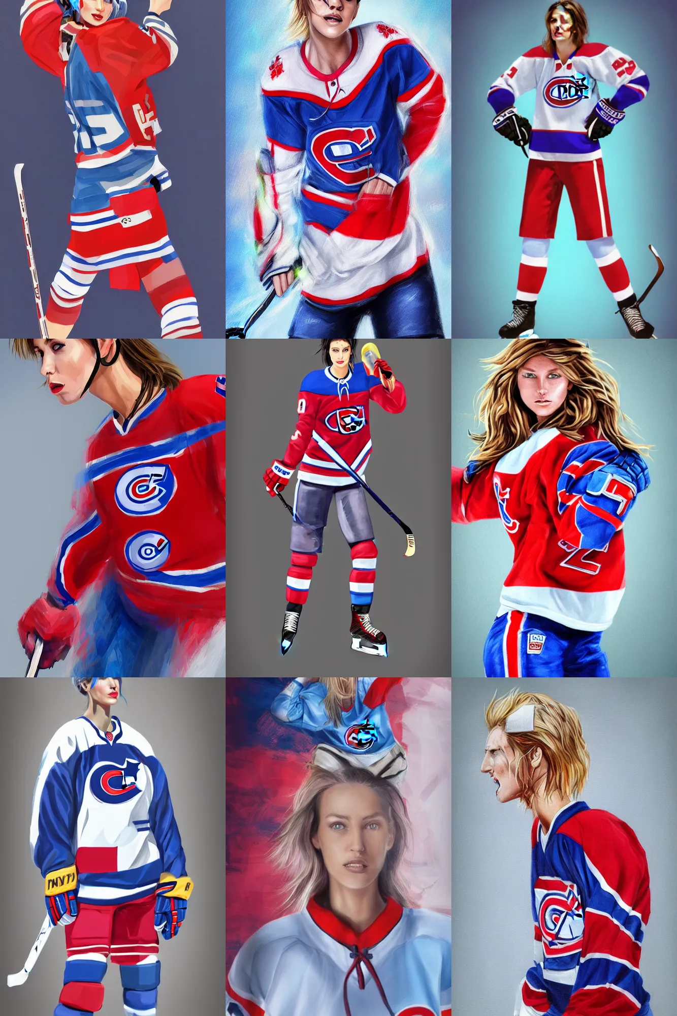 Prompt: a full body realistic concept art portrait digital painting of a single female supermodel dressed in 90s ice hockey player and a habs jersey with face and body clearly visible by Neon Yang, valorant, artstation trending, high quality, happy mood, artstation trending, vibrant colours, no crop, no helmet, entire character, blank background, SFW,