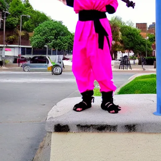 Prompt: a ninja with sword standing on a pole in neon pink clothes