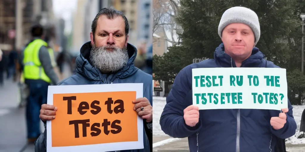 Prompt: Photograph of a man holding a sign that says TEST