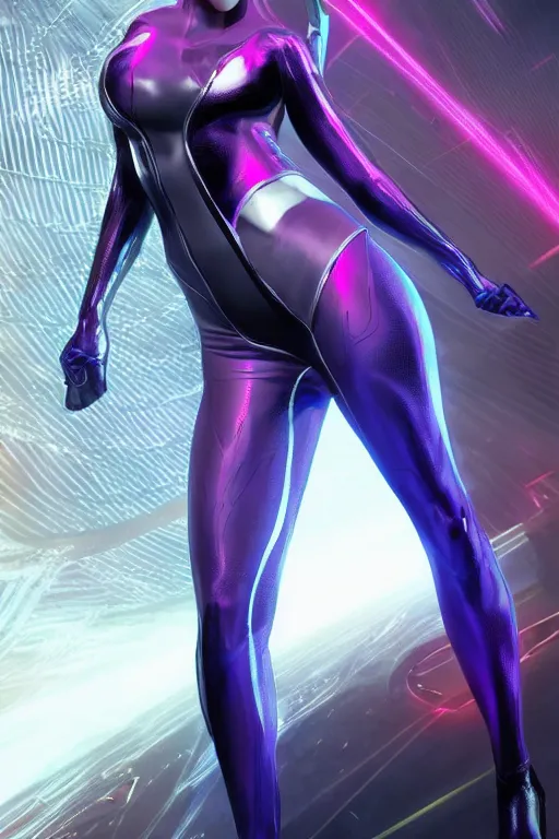 Prompt: extremely attractive superhero female character with the power of holographic warrfare, slender, curvy, high - tech futuristic holographic costume, laser, full view, cool pose, artwork by artgerm and kenneth rocafort, featured on artstation, cgsociety, detailed, award winning comic book cover character digital masterpiece, behance