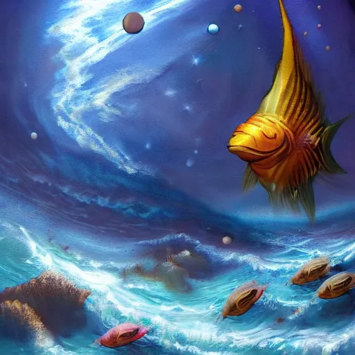 Image similar to Ocean with strange fish on planet Kepler-22-BKepler-22-B, oil Painting, ultradetailed, artstation, ultradetailed, digital Painting
