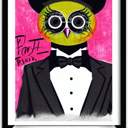 Image similar to gentleman owl with black biker jacket, portrait photo, crayon outline, wall with colorful graffiti, studio photo, suit, bow tie, tophat