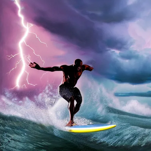 Prompt: a wide angle dynamic action photo of a black man with dreadlocks surfing large violent neon waves in a lightning storm, by clark little and rhads