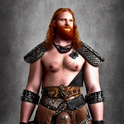 Prompt: ginger viking with flowing long wavy hair in leather and metal armor, bare chest, very pale, very hairy, very muscular, very tall, full body picture, fantasy, dungeons and dragons, detailed digital art, 4 k