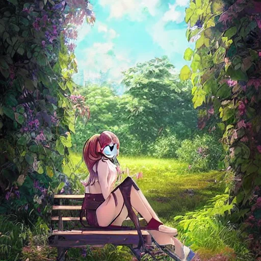 Image similar to advanced digital art. an abandoned train station overgrown with vines and flowers. A beautiful girl is sitting on a bench reading. Digital Anime painting. WLOP, RossDraws. —H 2160