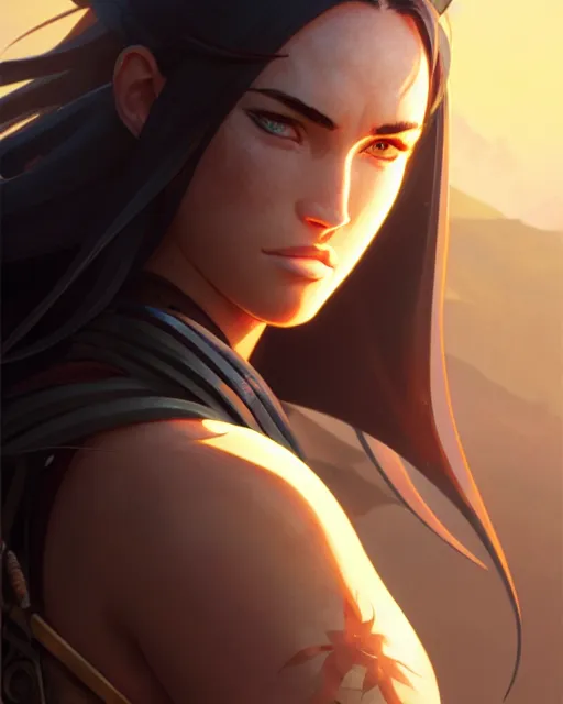 Image similar to azctec warrior, megan fox, detailed perfect face, exquisite details, fire magic, mid view, design on a white background, by studio muti, greg rutkowski makoto shinkai takashi takeuchi studio ghibli