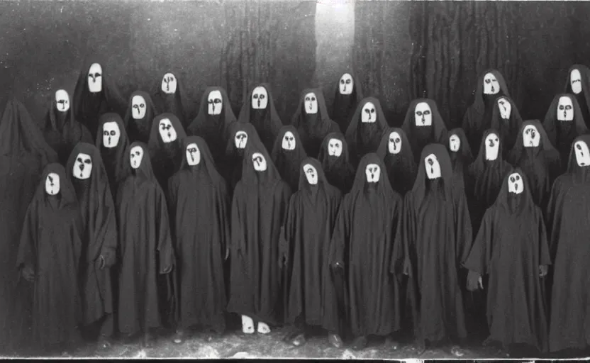 Image similar to a old grainy 1 8 0 0 s black and white photo of a group of demonic cultists, wearing robes, wearing hoods, performing a ritual, grainy, old photo, golden ratio, scary, horror photography, 5 0 mm lens, f 1. 8