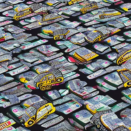 Prompt: taxis made of newspaper at the shore, Octane render, 4k, psychedelic,