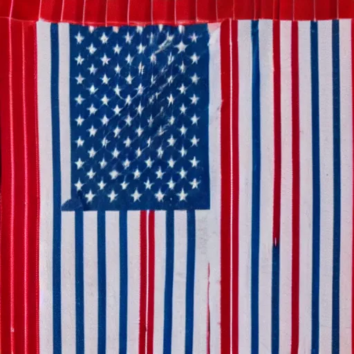 Prompt: a flag with red and white stripes and a blue square with lots of white stars inside of it