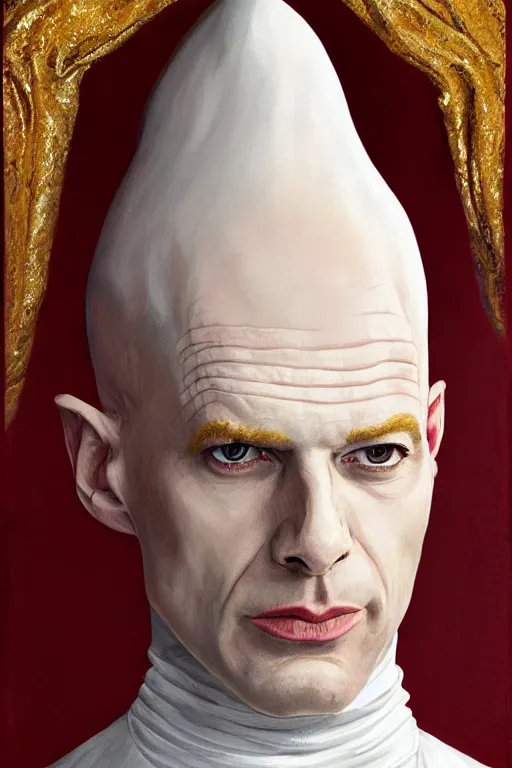 Prompt: a bald pale man in his late ninetees. stately and dour in his expression. eyeliner accentuates his sunken eyes. a high black turtleneck covers his thin neck. opulent white golden red robe. white leather gloves with gold decoration, sharp focus, illustration, digital painting, art by magali villeneuve