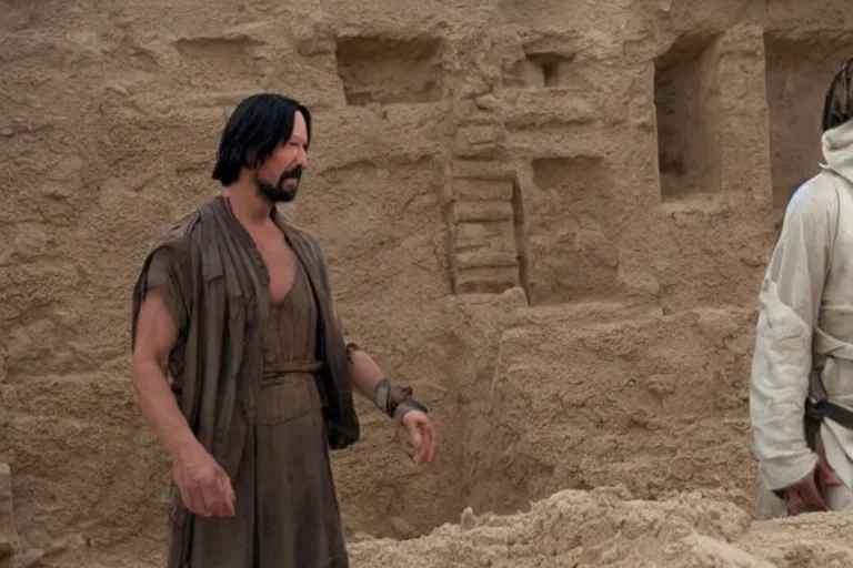 Prompt: film still of keanu reeves wearing an archaeological outfit sifting material at an ancient egyptian archaeological digsite