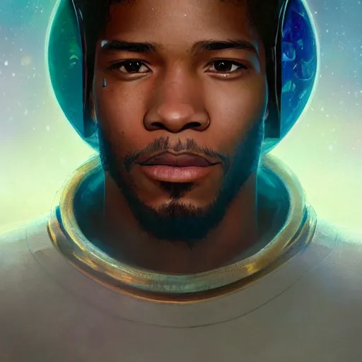 Image similar to scifi character portrait of Kid Cudi, utopian mood, intricate, wild, highly detailed, digital painting, artstation, concept art, smooth, sharp focus, illustration, art by artgerm and greg rutkowski and alphonse mucha