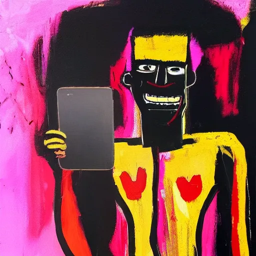 Prompt: A mirror selfie of a black handsome muscular man with white angel wings and black devil horns holding an iPhone, pitchfork, pink background, abstract jean-Michel Basquiat oil painting with thick paint strokes, oil on canvas, detailed