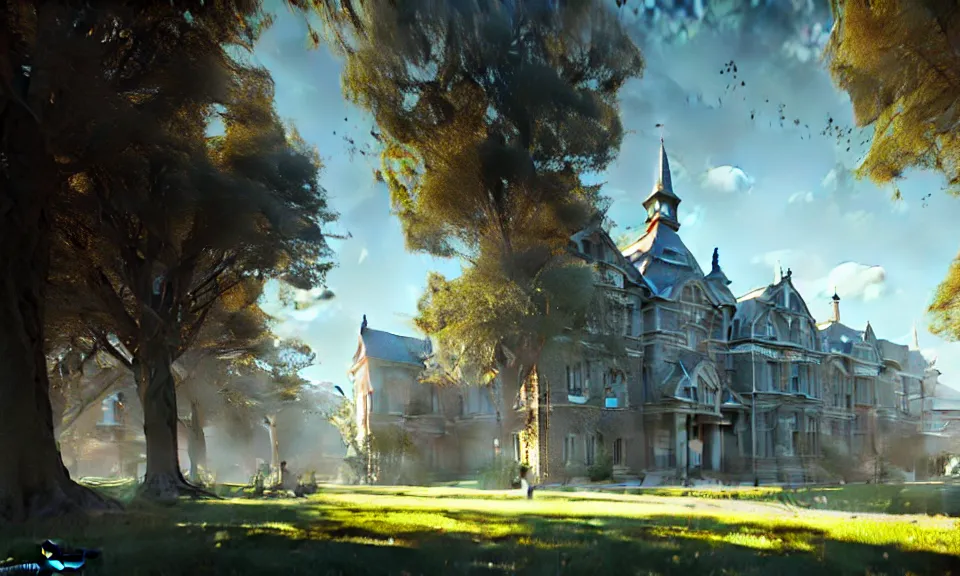 Image similar to a large victorian college building surrounded by houses and trees, blue sky, higjly detailed, sunny, volumetric, cinematic lighting, realistic, digital art by greg rutkowski