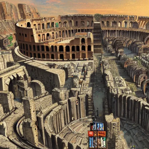 Prompt: busy d & d city that resembles rome and has a colosseum in its center, artstation