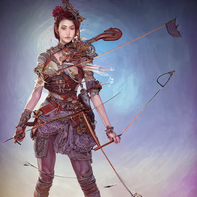 Image similar to the portrait of lawful neutral semi - colorful female archer huntress as absurdly beautiful, gorgeous, elegant, young woman, an ultrafine hyperdetailed illustration by kim jung gi, irakli nadar, intricate linework, bright colors, octopath traveler, final fantasy, unreal engine 5 highly rendered, global illumination, radiant light, detailed and intricate environment