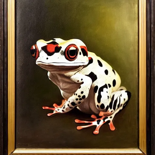 Prompt: a side profile painting of an amazon milk frog wearing a black waistcoat, an american romanticism painting by john trumbull, a portrait painting, american romanticism, cgsociety, soft focus