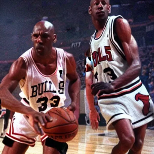 Image similar to frodo baggins blocking michael jordan, nba