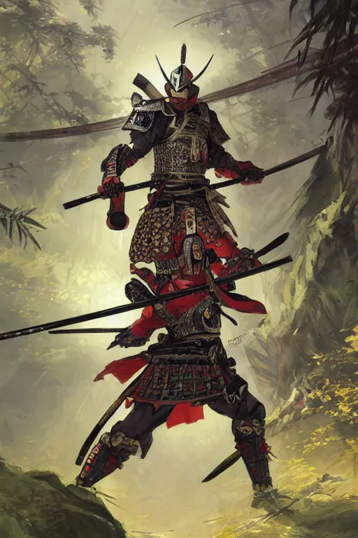 Image similar to a warrior in an epic samurai armor in dark japanese bamboo forest with light shafts, by jesper ejsing and maciej kuciara