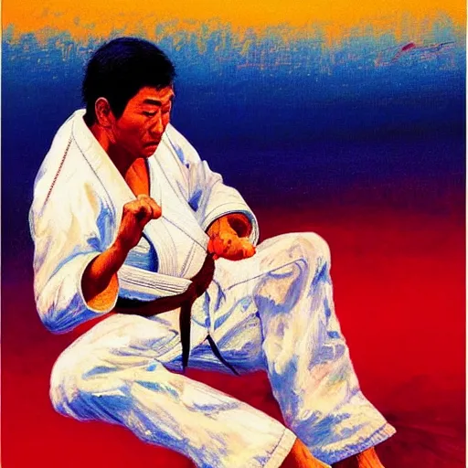 Prompt: masahiko kimura by leroy neiman, intricate, ultra detailed painting, atmospheric lighting, judo, golden hour