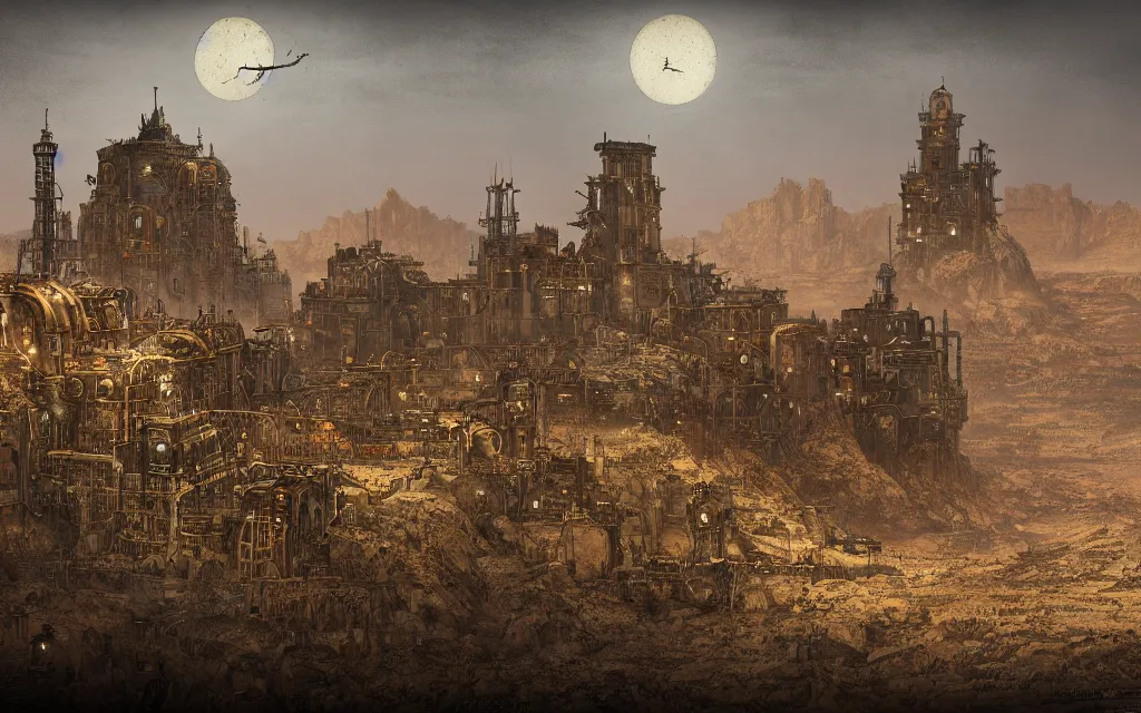 Prompt: a steampunk fortress in a desert by John Atkinson Grimshaw, 4k resolution, detailed, trending on artstation