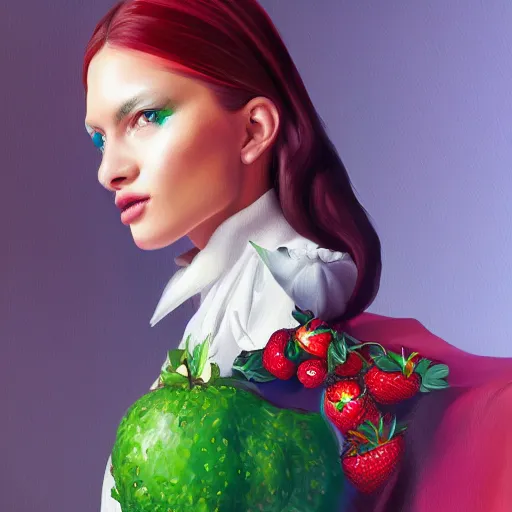 Image similar to fruit fashion, gucci catwalk, oil painting, digital art, ultradetailed, artstation