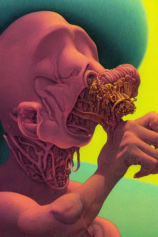 Prompt: a closeup portrait of a young alien man licking a blotter paper of LSD acid on his tongue and dreaming psychedelic hallucinations in cosmos, by kawase hasui, moebius, Edward Hopper and James Gilleard, Zdzislaw Beksinski, Steven Outram colorful flat surreal design, hd, 8k, artstation