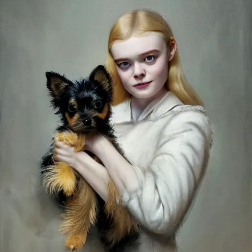 Image similar to Elle Fanning holding a Yorkshire Terrier in the style of Lady with an Ermine, head and shoulders portrait, stormy weather, extremely detailed masterpiece, oil on canvas, low-key neon lighting, artstation, Blade Runner 2049, Roger Deakin’s cinematography, by J. C. Leyendecker and Peter Paul Rubens and Edward Hopper and Michael Sowa,