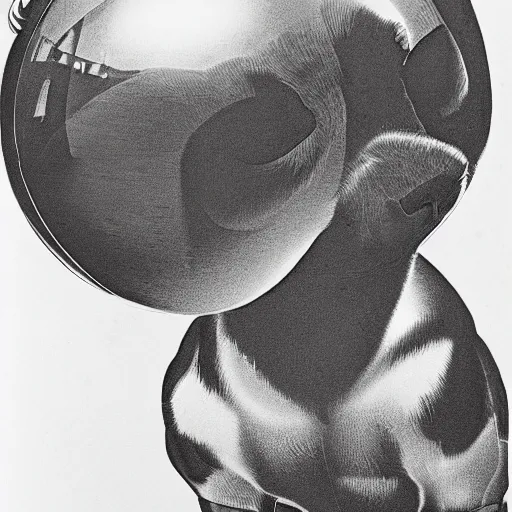 Image similar to self portrait of a havanese dog reflecting into a chrome sphere, 1 9 5 0 s, pen on paper, by mc escher