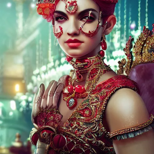 Image similar to photograph of wonderful princess with smooth fair skin, alluring eyes, red jewelry, breathtaking, elegant, ornate, intricate, hyper detailed, accent lighting, dramatic light, 4 k octane render