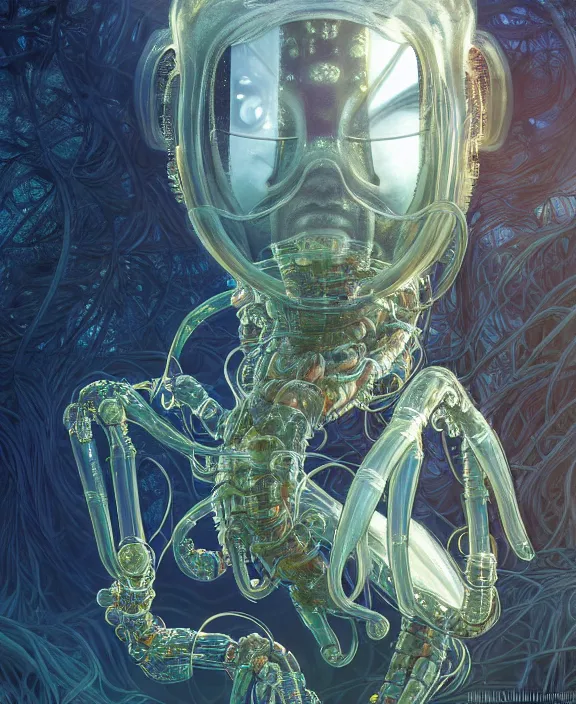 Image similar to opulent transparent clear see - through portrait of a terrifying beautiful male alien centipede robot, mottled coloring, adorable, childlike, overgrown biopunk jungle environment, ultra realistic, concept art, art nouveau, photorealistic, octane render, 8 k, unreal engine. art by christopher marley and artgerm and greg rutkowski and alphonse mucha