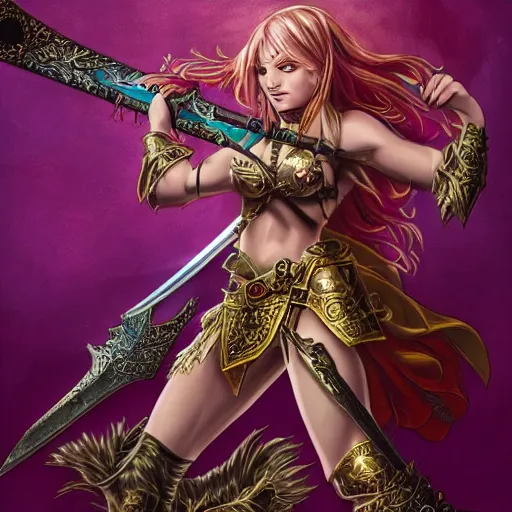 Image similar to a fantasy warrior woman with sword drawn and in hand, shield in the other hand in a heroic pose, beautiful exaggerated ornate armor with gem embedded in the center, cinematic, magical energy emanating from it, high resolution