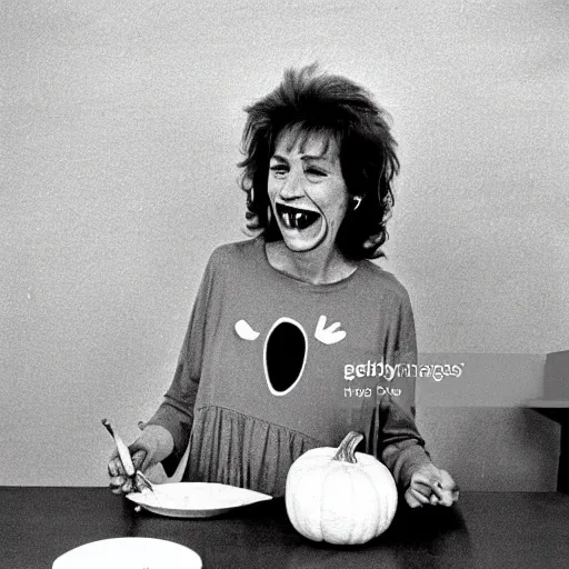 Prompt: 1 9 8 0 s woman smiling while she is painting a funny face on a pumpkin, newspaper photo