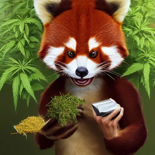 Image similar to anthropomorphic red panda, holding a bag of catnip, smoking a cigar, in front of hemp plants, happy dopey expression, squinting, beautiful lighting, high quality digital art, trending on artstation