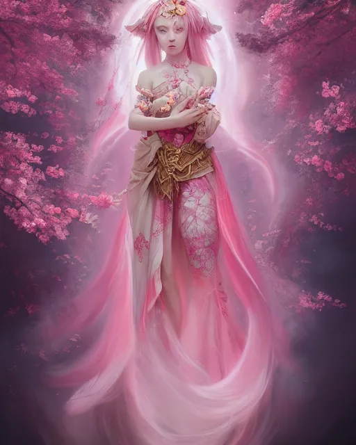 Image similar to Full View Portrait Mystical ethereal Cherry blossom deity wearing beautiful dress with pink hair, Sakura Dryad made of Sakura beautiful dress with pink hair, 4k digital masterpiece by Greg Rutkowski and Ruan Jia and rossdraws, Alberto Seveso, fantasycore, Hyperdetailed, realistic oil on linen, soft lighting, Iconography background, featured on Artstation