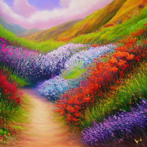 Prompt: a valley of flowers, oil painting, extremely detailed.