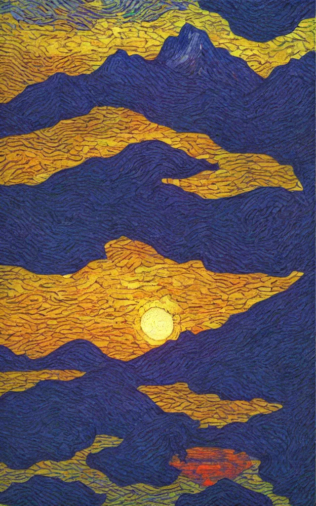 Image similar to sunset on a lake by a mountain. cubes and tesseracts. retro art by jean giraud and van gogh.