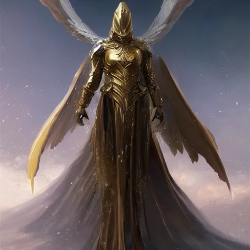 Image similar to golden armored angel, wings made of light, metal halo, no face, hooded, gold, fantasy, concept art, detailed realistic, character art by greg rutkowski