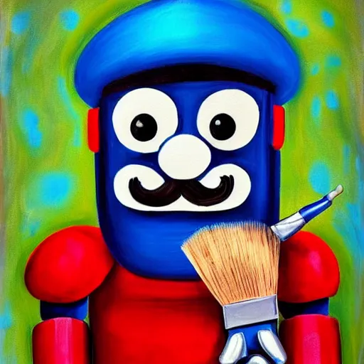 Image similar to Cute blue robot with moustache and red french beret. He is holding a paint brush. photorealism