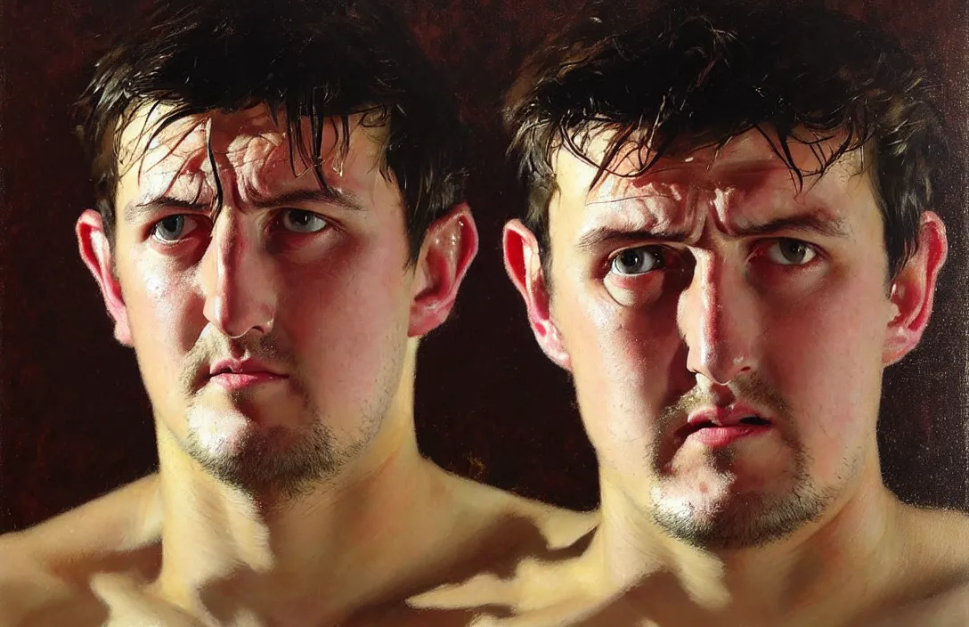 Image similar to portrait of harry maguire!!!!!!!!!!!!!!!!!!!!!!!!!!!, detailed face, detailed painting, epic lighting, by ilya repin, phil hale and kent williams