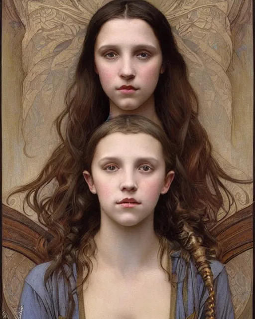 Image similar to an art nouveau painting of a girl resembling alicia vikander or millie bobby brown in an oversize t - shirt, highly detailed, intricate, artstation, by donato giancola and william adolphe bouguereau