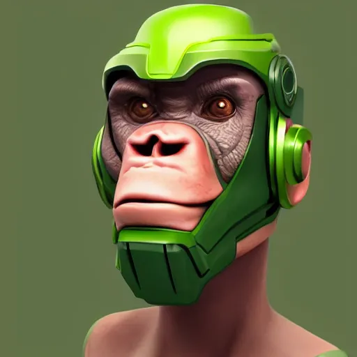 Image similar to stylized character portrait, of a cyborg chimpanzee super soldier with a green visor, artstation, octane engine, professional art