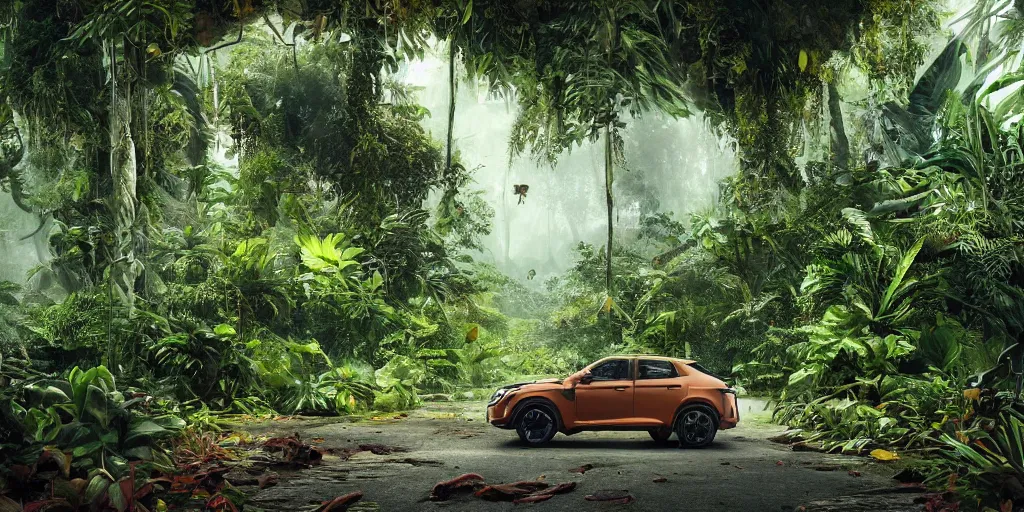 Image similar to Amazonian jungle with tropical plants and leaves falling from tree and a Cupra car placed in the center of the frame , unreal 5, hyperrealistic, realistic, photorealistic, dynamic lighting, highly detailed, cinematic landscape, studio landscape, studio lighting