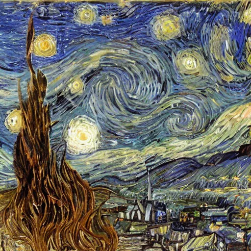 Image similar to a painting of a starry night over a martian cooling by vincent van gogh, featured on pixiv, futurism, sci - fi, post - impressionism, impressionism, painterly, detailed painting