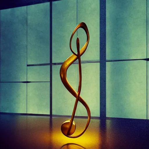 Image similar to a polished bronze sculpture of music notation, three quater notes, art installation, cinematic light, rain, 8 k, unreal render, reflections,