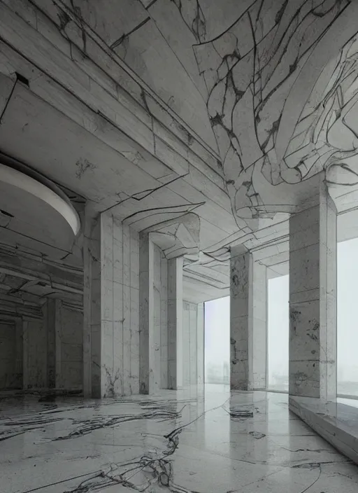 Image similar to “derelict architecture single building , marble flooring, building designed by architect Oscar Niemeyer, architecture digest, building surrounded in a luxury environment, bright tones, fluorescent lighting,volumetric Lighting, photorealism, high detail, golden ratio, cinematic, octane renderer”